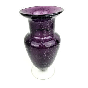 Hand Blown Amethyst Purple Vase Controlled Bubbles Clear Footed Base 8 in Tall